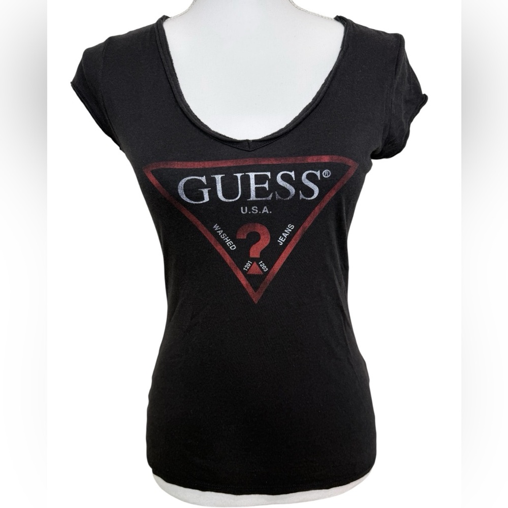 GUESS Black Short Sleeve Tee with Red Logo Size Medium